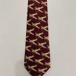 Vintage Aircraft Patterned Burgundy Tie Supermarine Spitfire Fighter Design